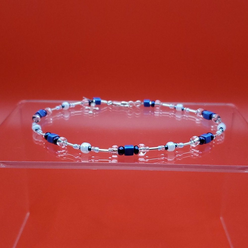 9 Inch 925 Sterling Silver Blue Beaded Cross Charm Ankle Bracelet